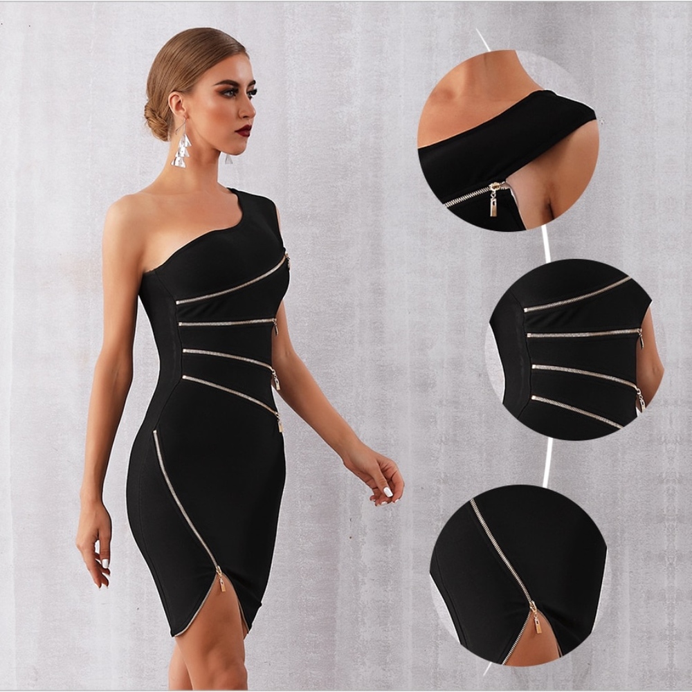 🎥 Bandage Zipper Detail Asymmetrical Mini Dress - Picture 4 of 11